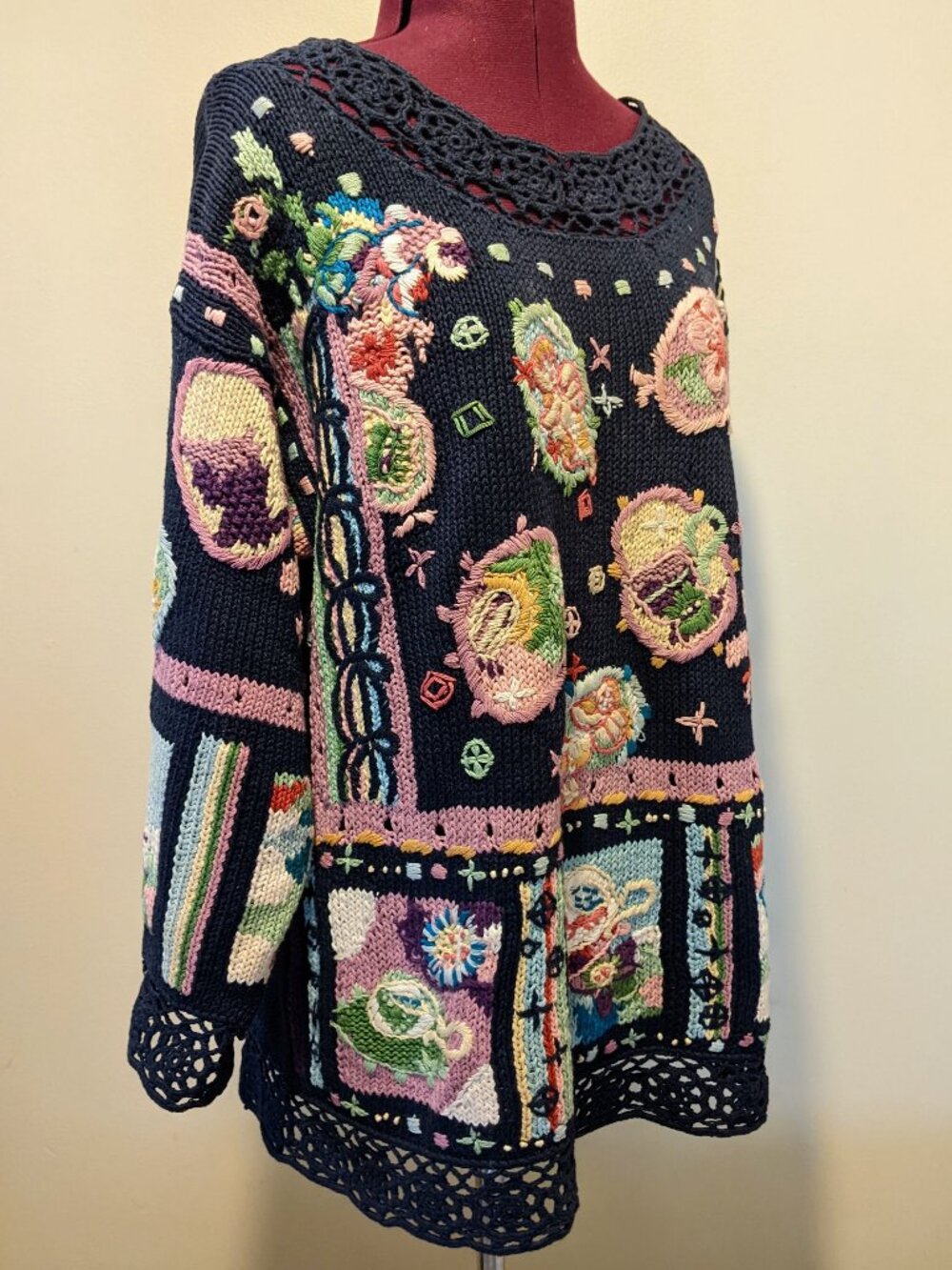 Vintage My Patchwork Knit Sweater Navy Floral Portrait Crochet Trim M/L